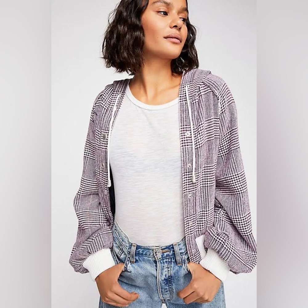 Free People Jacket Fabian Plaid Bomber w Hood Maroon Red Off White Blue Women XS